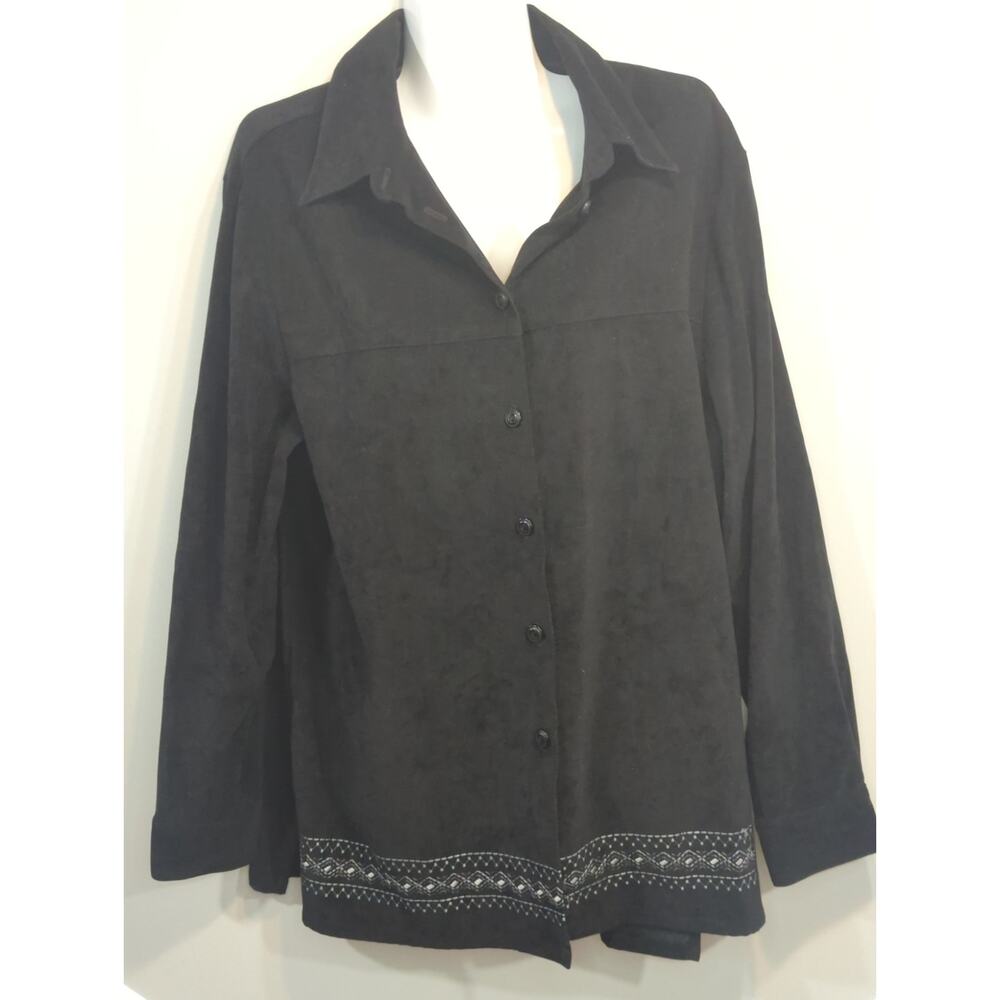 Sag Harbor Black Button Down Embroidered Suede Top Womens Sz. 16 Coastal Cowgirl